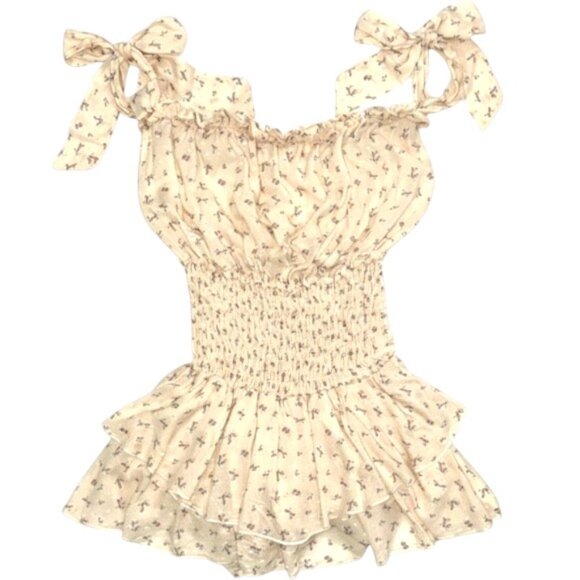 Floral Off-Shoulder Smocked Ruffle Fit-and-Flare Romper Bow Tie Straps XS - Picture 3 of 11